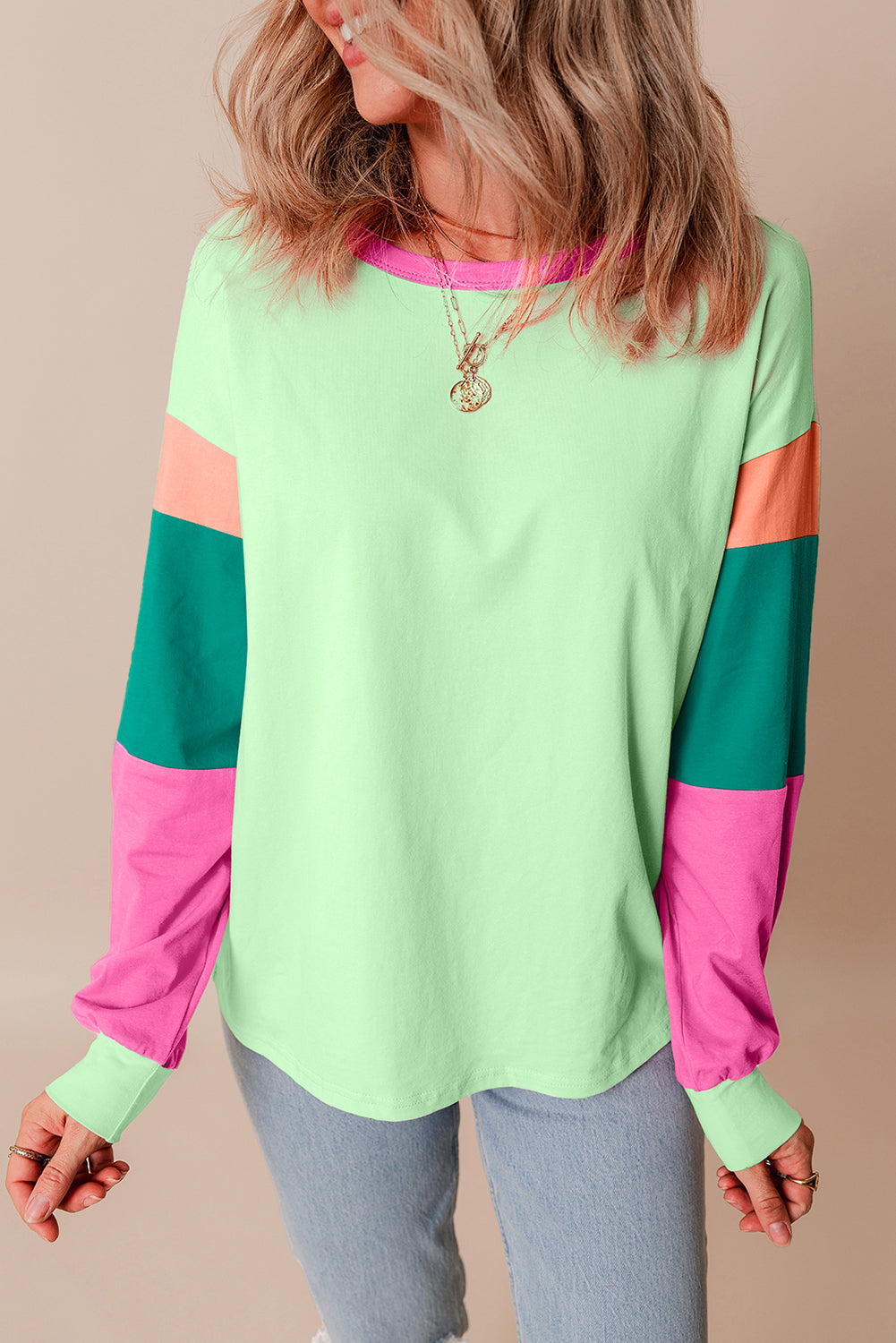 Colourblock Patchwork Long Sleeve Loose Top | Green