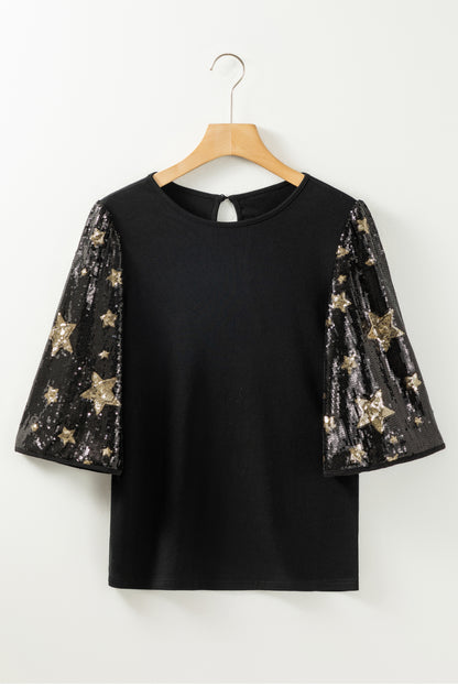 Star Sequin Splicing Half Sleeve Top | Black