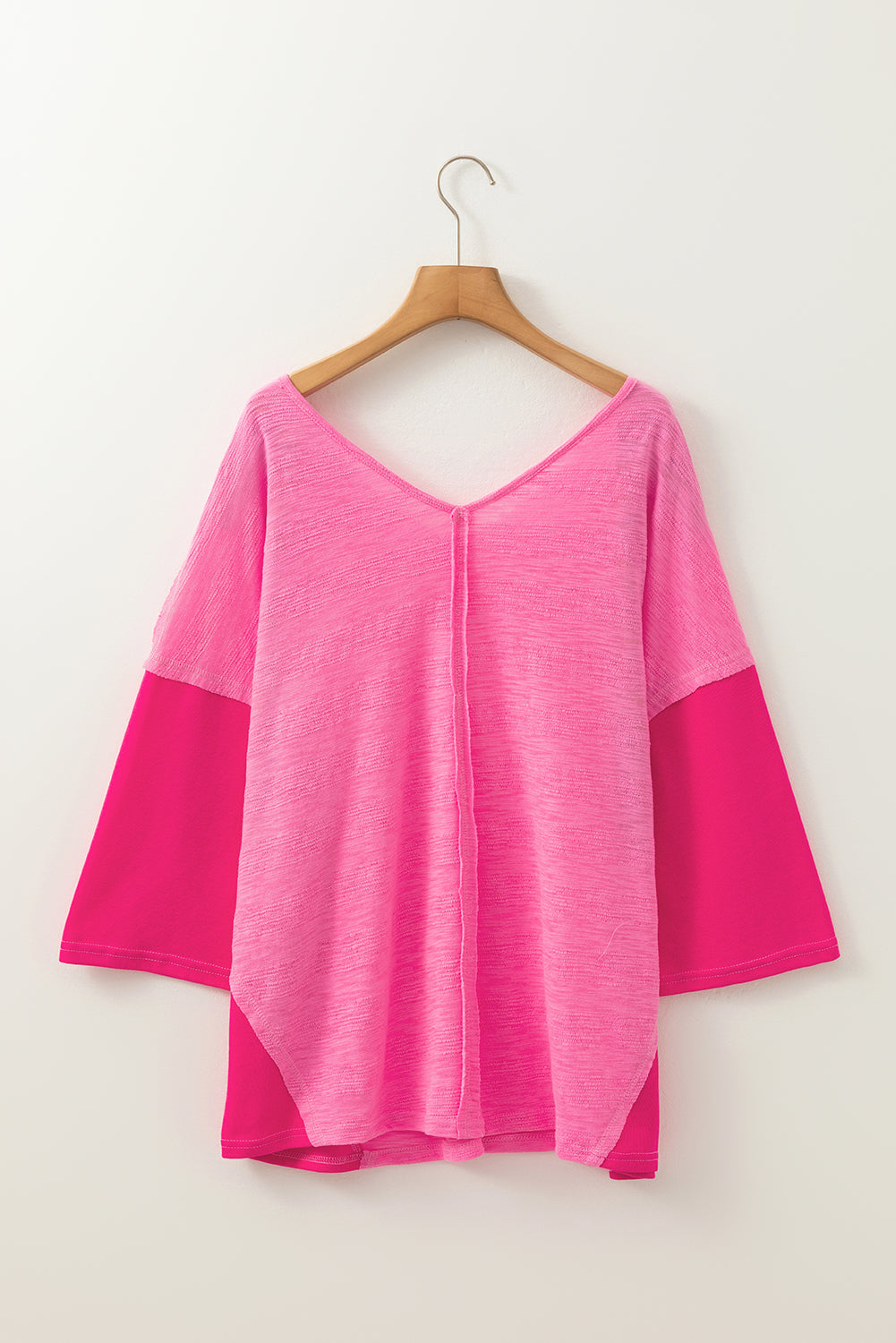 Contrast Patchwork 3/4 Sleeve V Neck Loose Blouse | Sachet Pink