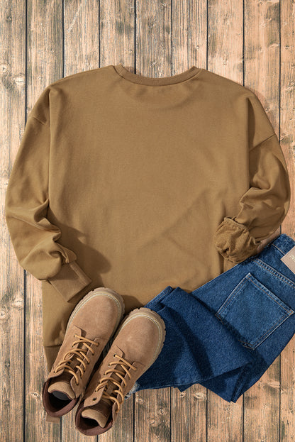 Solid O Neck High Low Hem Pullover Sweatshirt | Brown