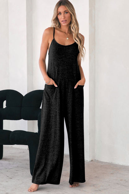 Patch Pockets Spaghetti Strap Wide Leg Jumpsuit | Black