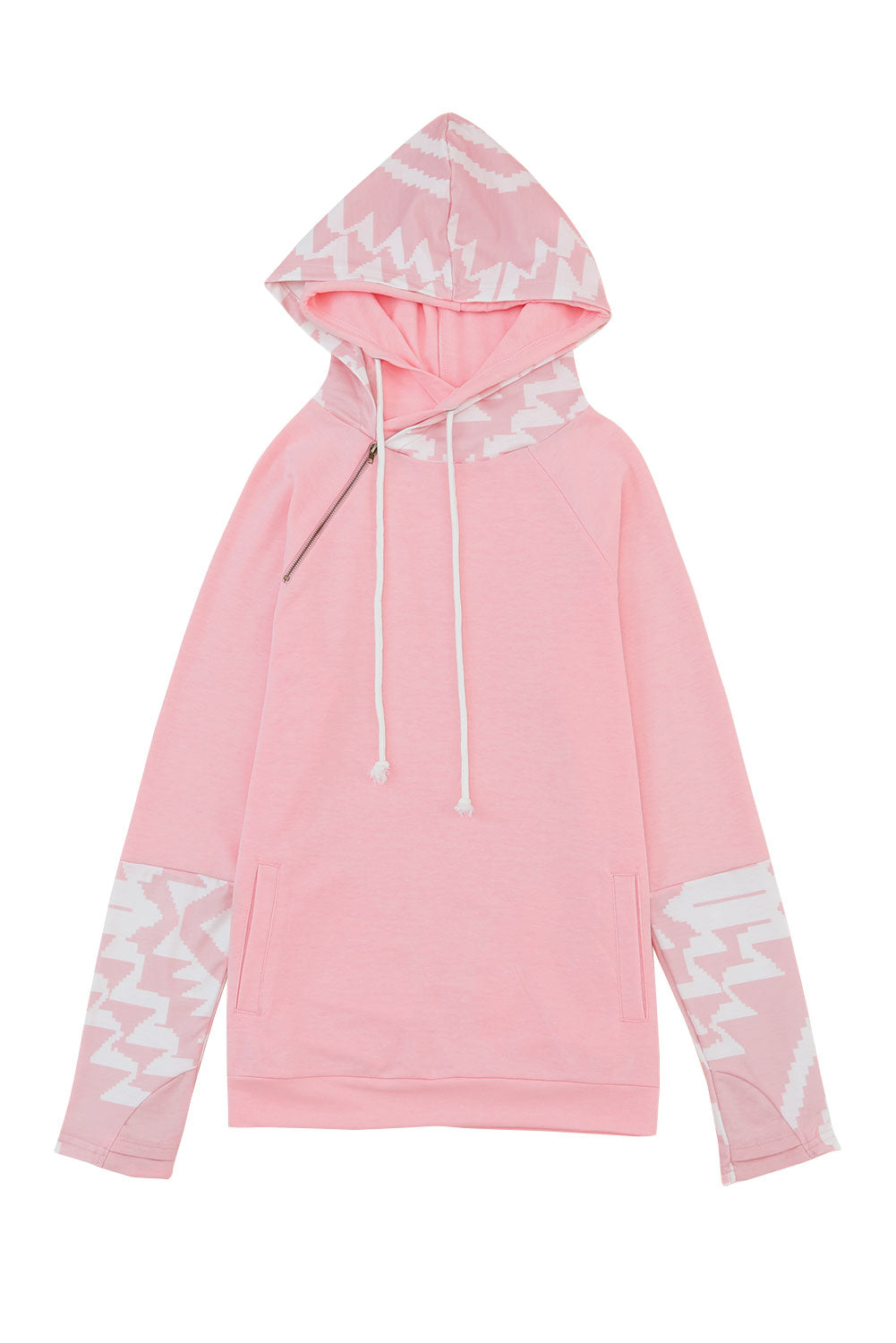 Aztec Print Patchwork Thumb Hole Hoodie | Pink