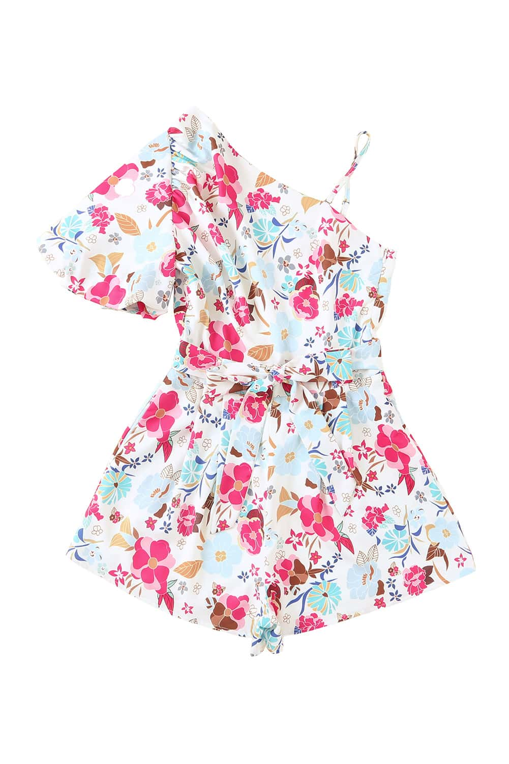 Floral Single Bubble Sleeve Slant Shoulder Romper | White