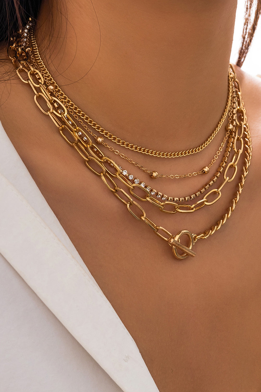 5Pcs Layered Rhinestone Plated Chain Collarbone Necklaces Set | Gold