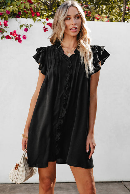 Ruffle Sleeve V Neck Frilled Shift Dress | Black