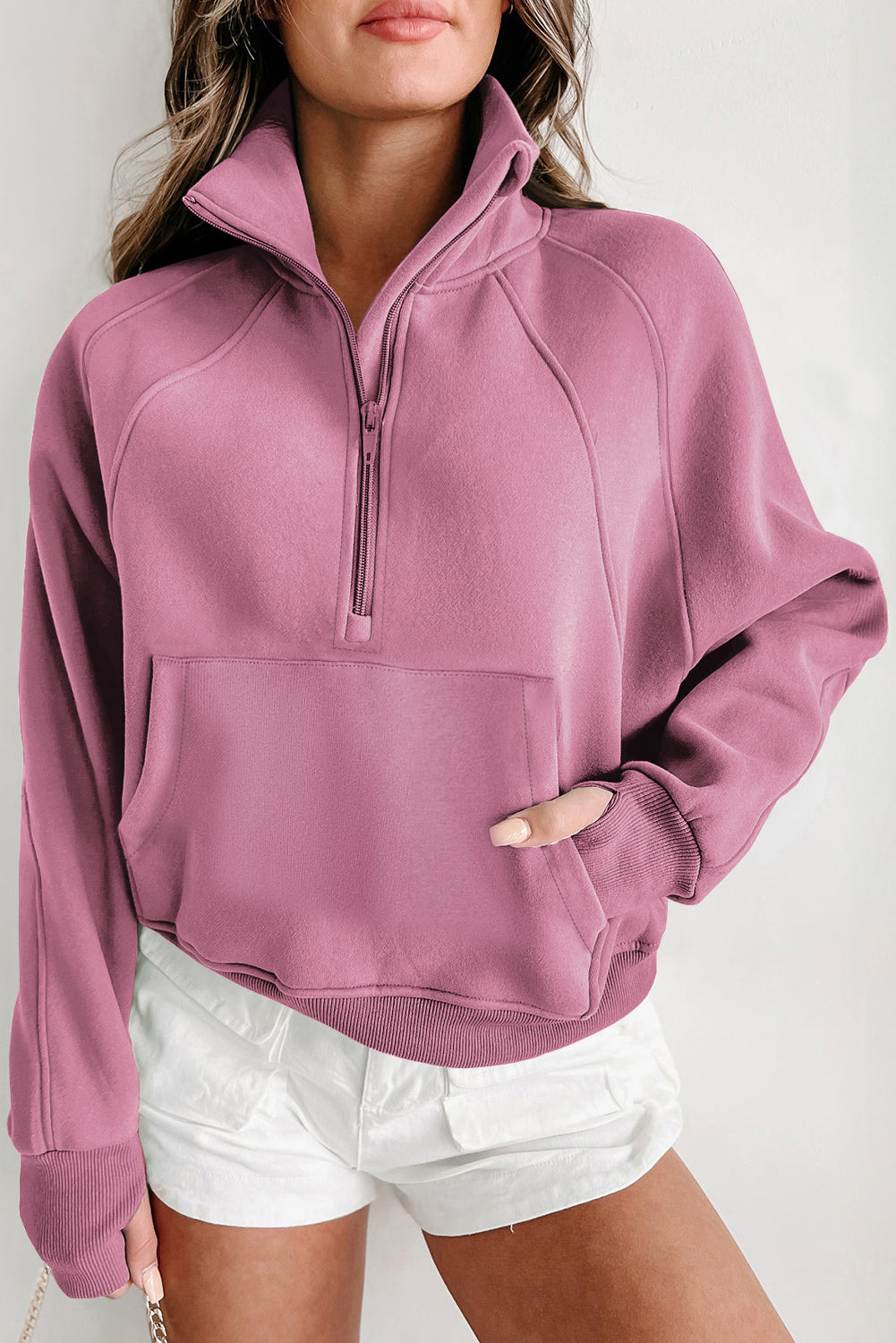 Fleece Lined Zip Up Stand Collar Thumbhole Sleeve Sweatshirt | Phalaenopsis