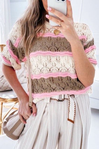 Colour Block Hollow Out Crochet Half Sleeve Sweater | Brown Stripe