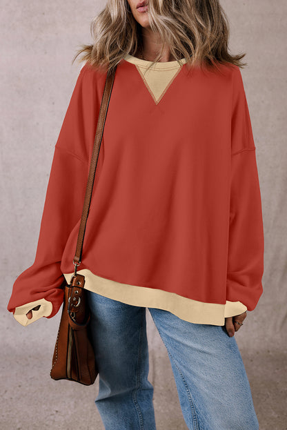 Colour Block Patch Drop Shoulder Oversized Sweatshirt | Red Clay