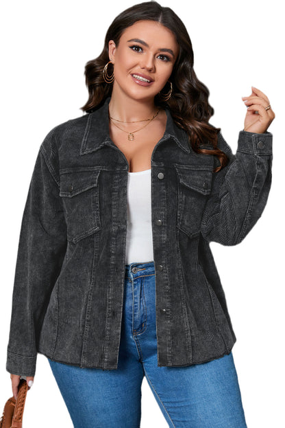 Plus Size Flap Pocket Raw Edge Corduroy Jacket | Gray