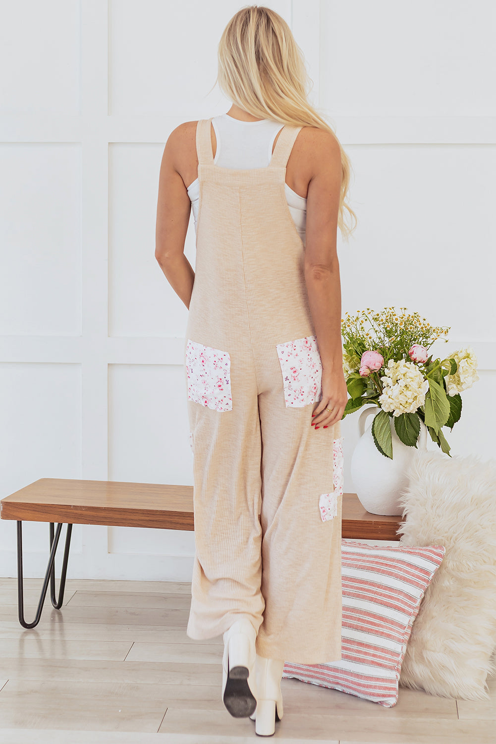 Floral Patchwork Ribbed Side Pockets Wide Leg Jumpsuit | Jet Stream