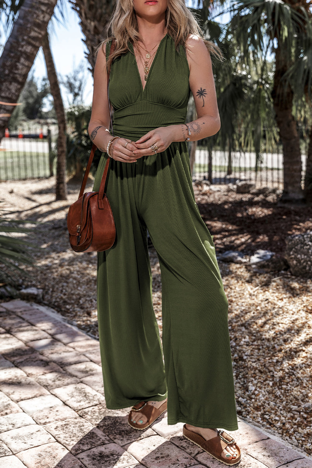 Sleeveless V Neck Ruched Wide Leg Jumpsuit | Moss Green