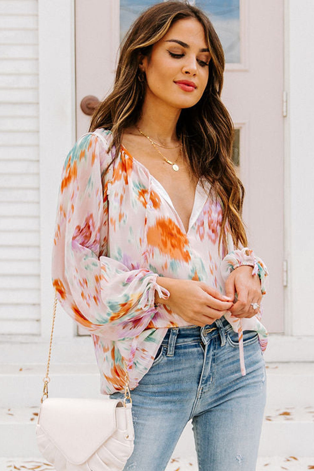 Abstract Print Split Neck Puff Sleeve Blouse | Multicolour