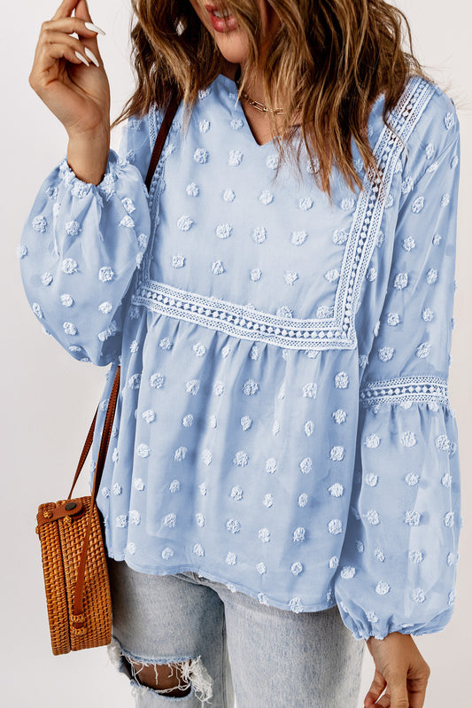 Blue Ruffled Split Neck Lace Hollow Out Puff Sleeve Polka Dot Blouse