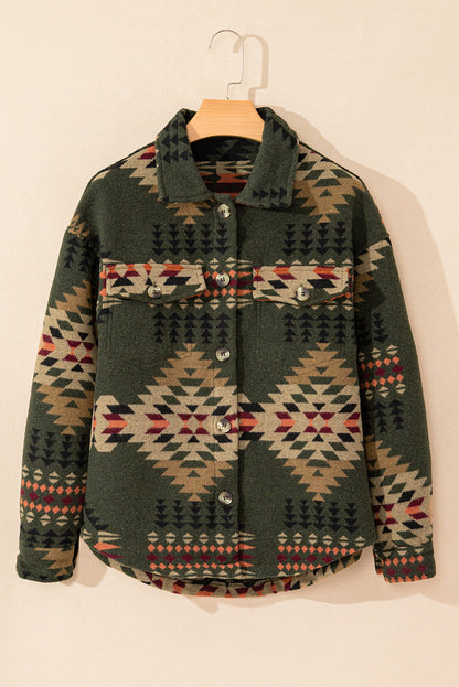 Aztec Print Flap Pockets Long Sleeve Shacket | Green