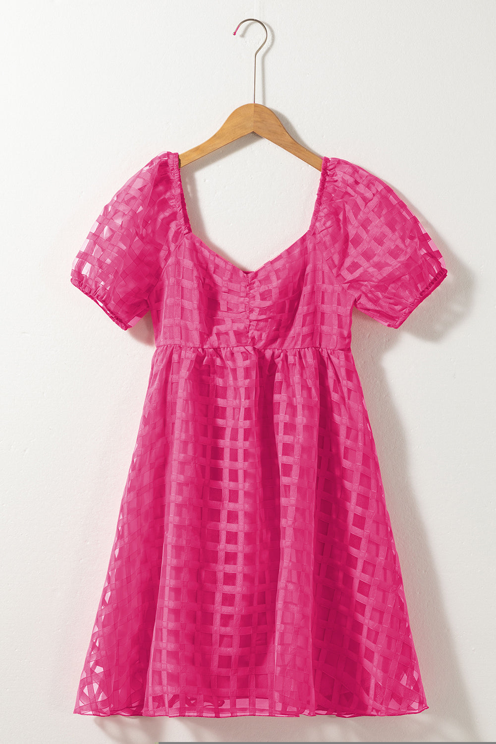 Checkered Puff Sleeve Babydoll Dress | Strawberry Pink