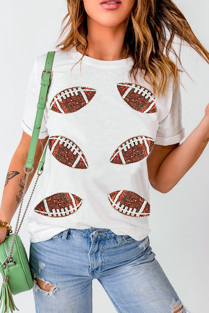 Sequined Rugby Football Graphic Cotton T Shirt | White