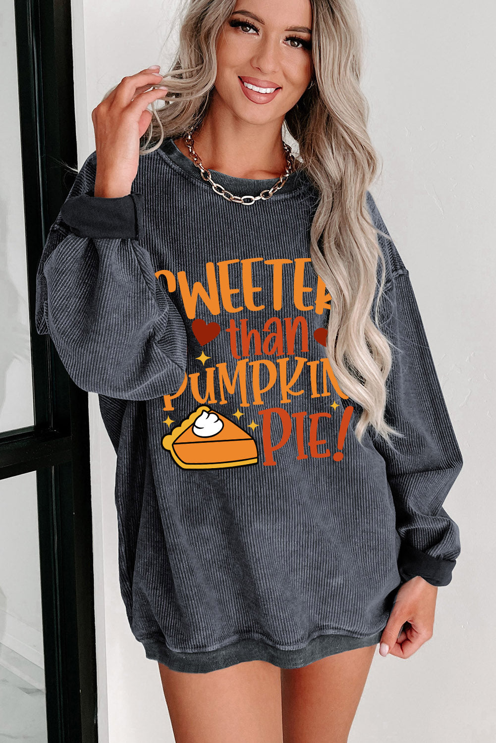 Sweeter Than Pumpkin Pie Graphic Thanksgiving Corded Sweatshirt | Gray