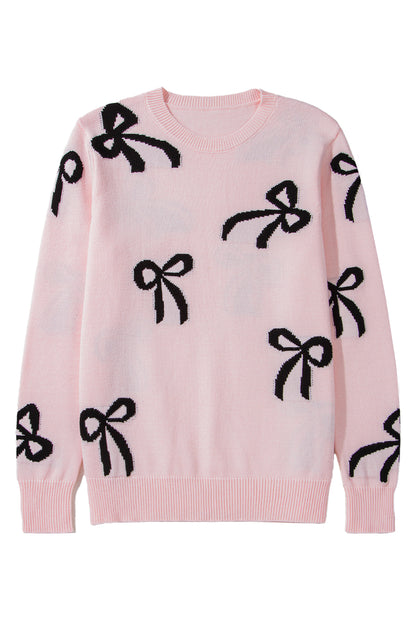 Bow Pattern Knitted Loose Fit Sweater | Light Pink