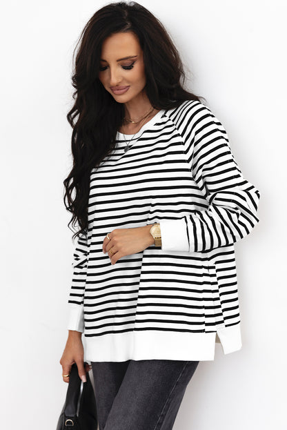 Raglan Sleeve Side Slits Loose Sweatshirt | Black Stripe