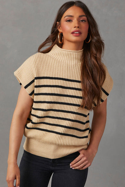 Striped Ribbed Knit High Neck Sweater | Parchment