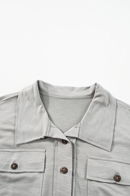 Chest Pockets Half Buttoned Collared Blouse | Light Grey