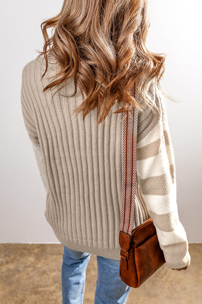 Cable Knit Colourblock Crew Neck Drop Shoulder Sweater | Khaki