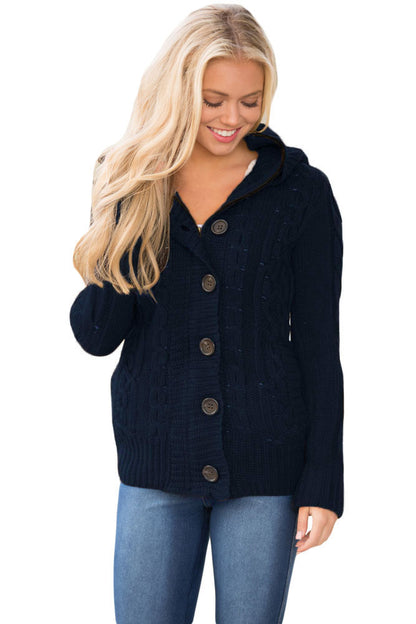 Long Sleeve Button-Up Hooded Cardigans | Navy Blue