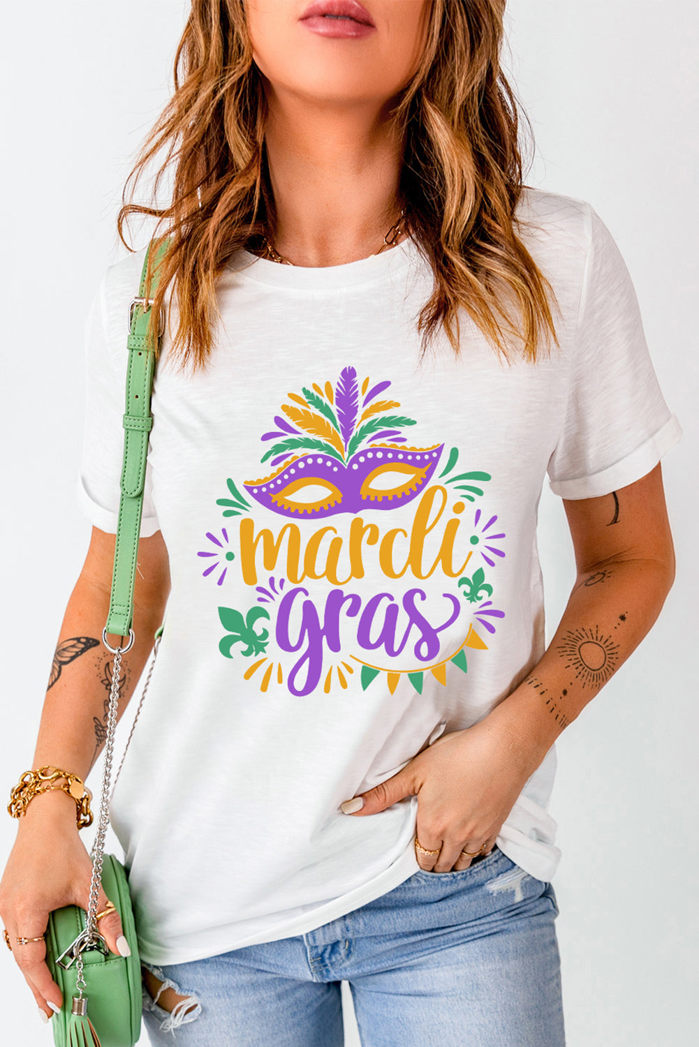 Heat Transfer Mardi Gras Mask Graphic Crew Neck T Shirt | White