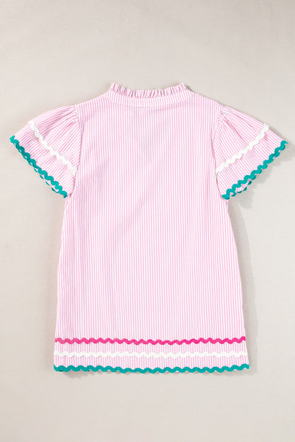 Ricrac Trim Split Neck Striped Ruffled Sleeve Blouse | Pink Stripe