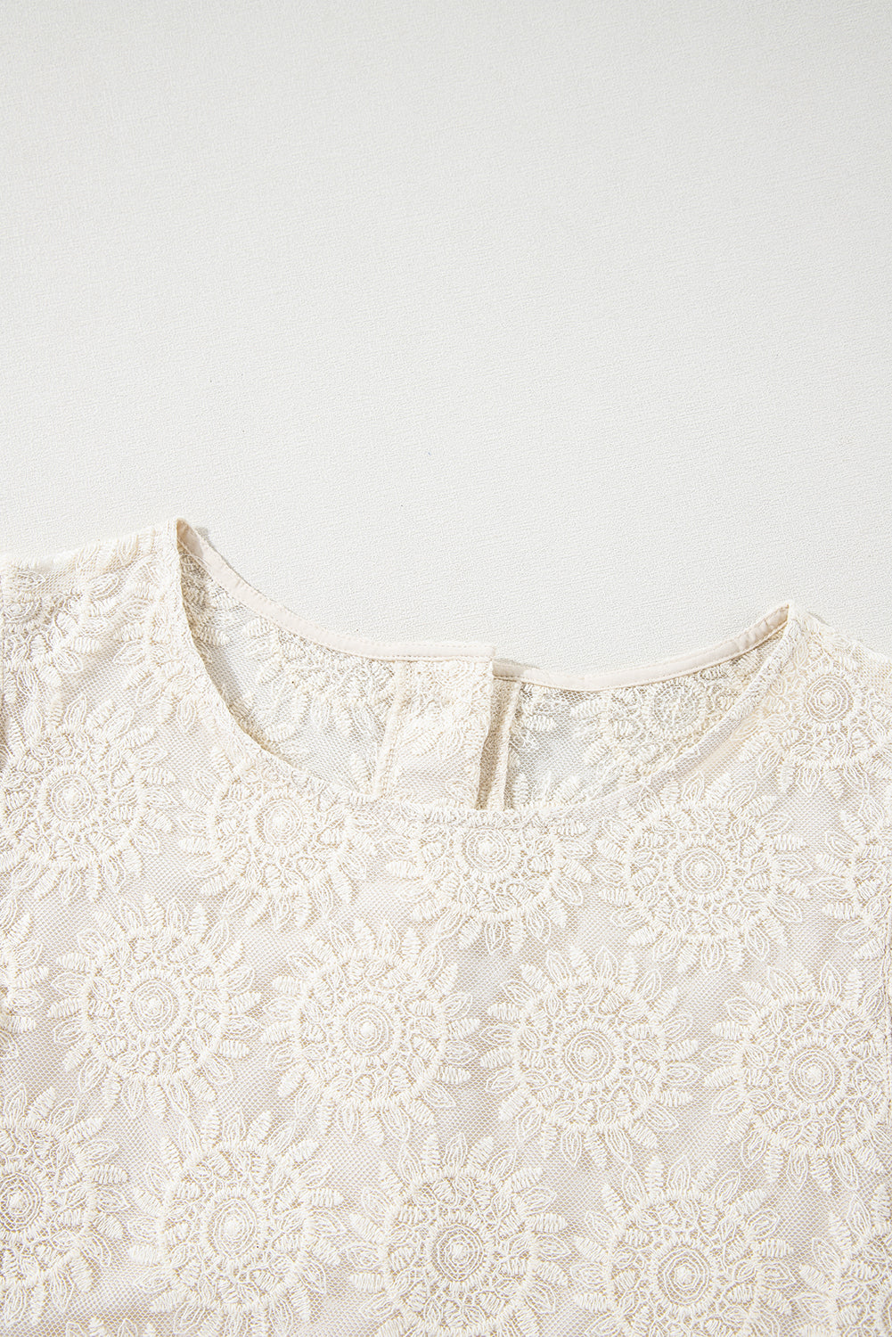 Flower Jacquard Button Back Ruffled 3/4 Sleeve Blouse | Oatmeal