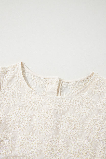 Flower Jacquard Button Back Ruffled 3/4 Sleeve Blouse | Oatmeal