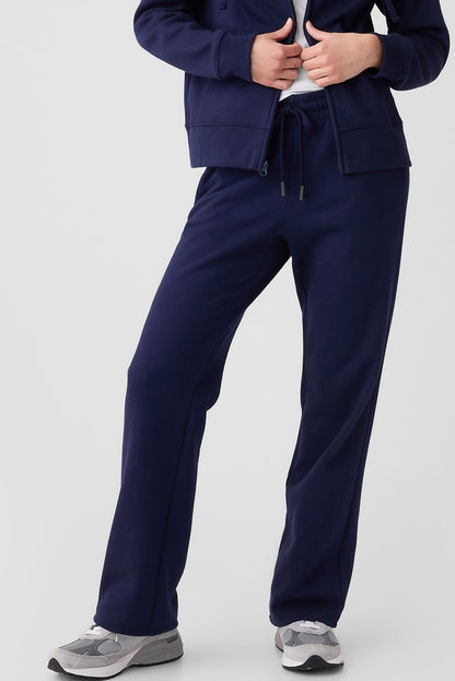 Solid Colour Fleece Lined Drawstring Waist Casual Pants | Navy Blue