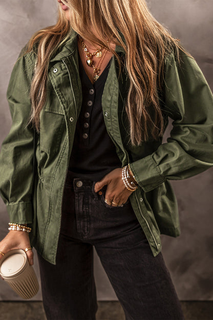 Snap Button Zipper Tight Waist Collared Jacket | Moss Green