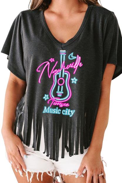 Nashville Forever V Neck Fringed Graphic Tee | Black