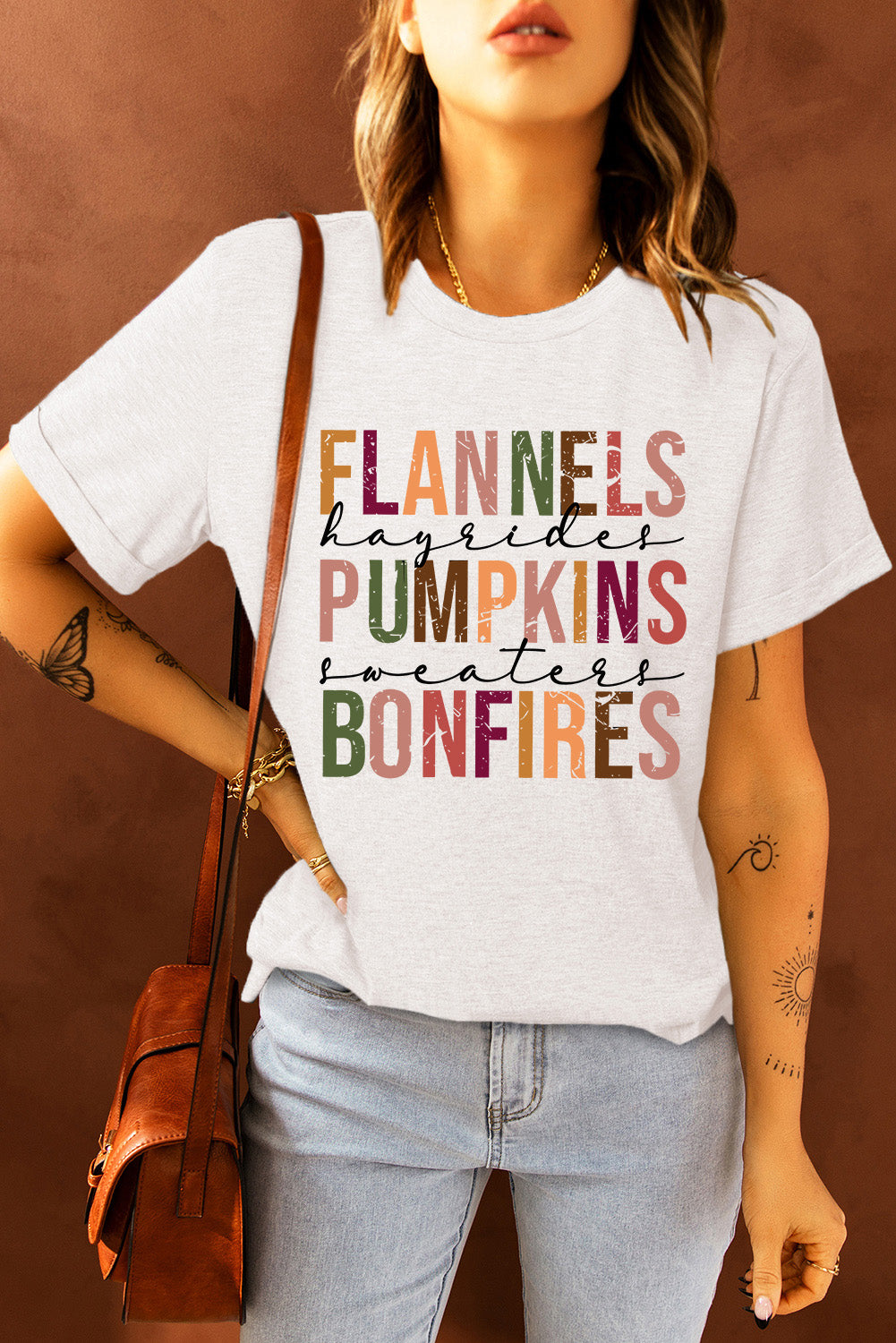 Flannels Pumpkins Bonfires Crewneck Graphic Tee | White