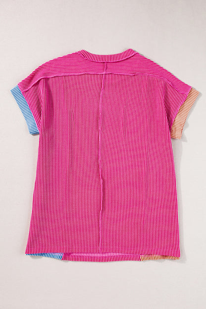 Textured Colourblock Crew Neck T Shirt | Rose Red