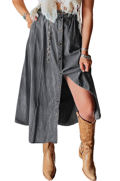 Fully Buttoned Long Denim Skirt | Dark Grey