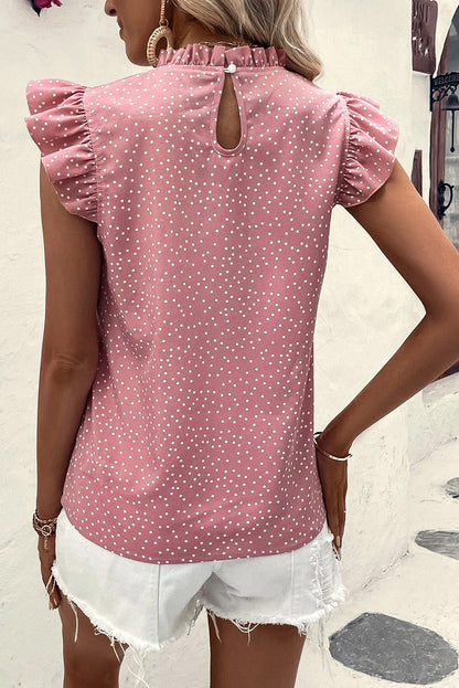 Polka Dots Ruffle Flutter Sleeve Frilled Neck Blouse | Pink