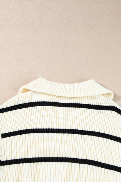 Zipped Collar Cap Sleeve Knit Top | White Stripe