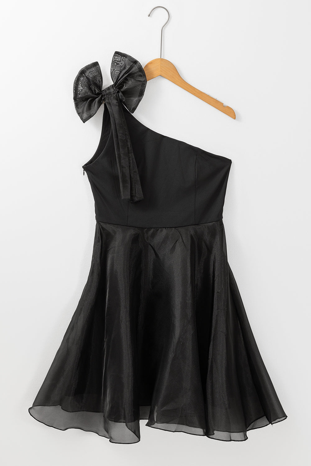 Bowtie One-Shoulder Tulle Overlay Skater Dress | Black