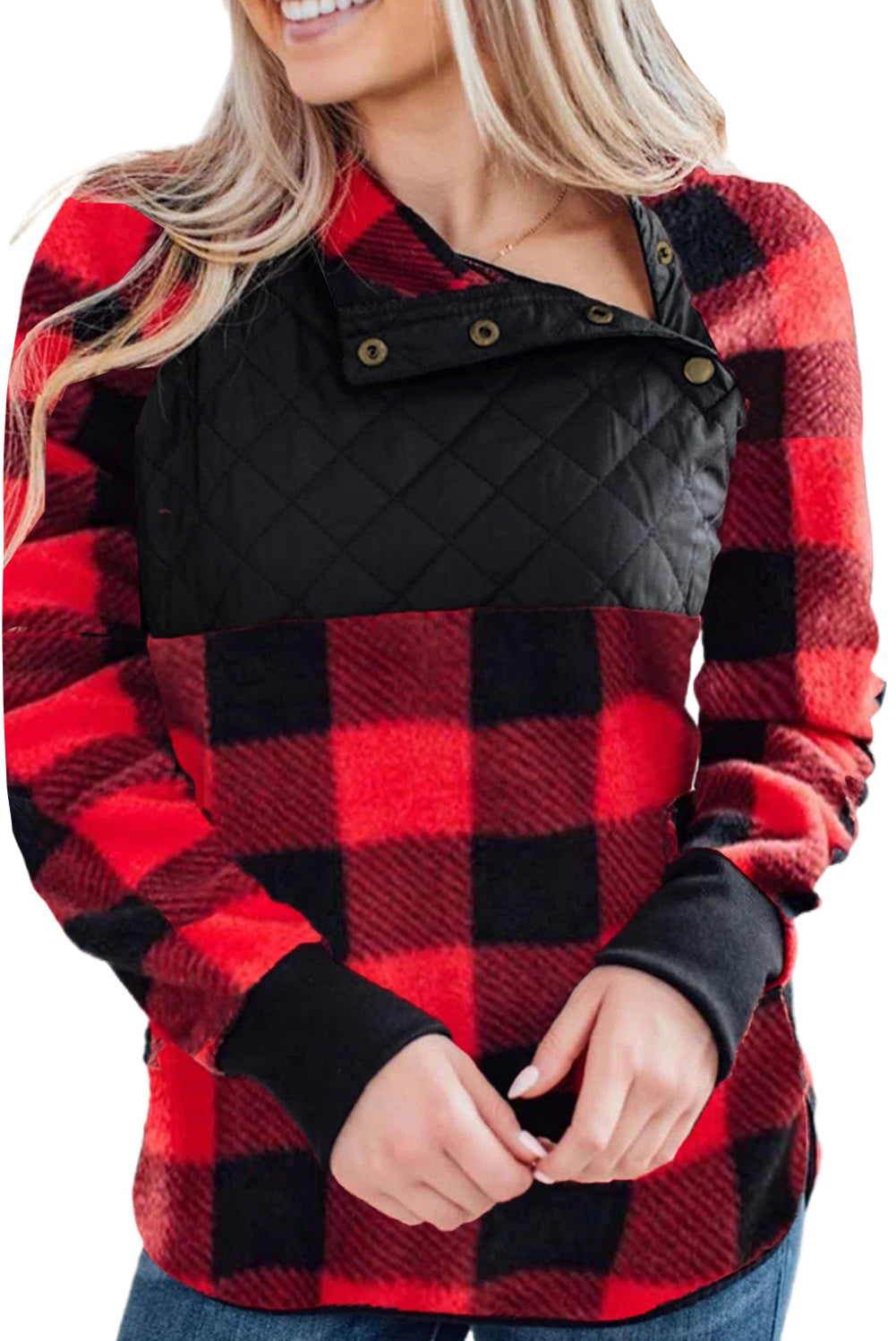 Fiery  Long Sleeve Plaid Paneled Sweatshirt | Red