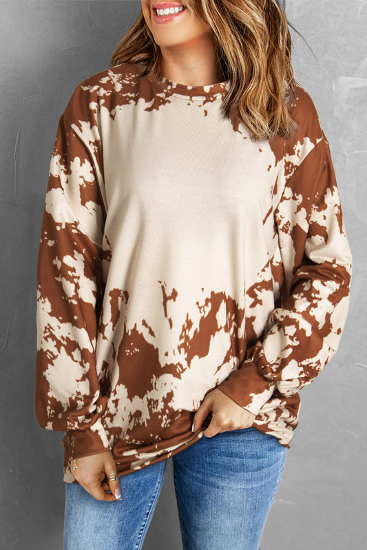 Brown Western Tie Dye Round Neck Sweatshirt