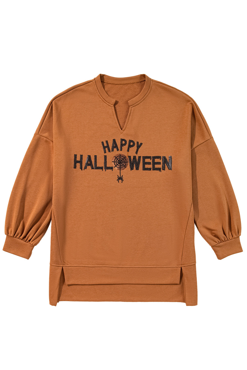 Sequin Happy Halloween Graphic Notched Neck Long Sleeve Loose Top | Chestnut