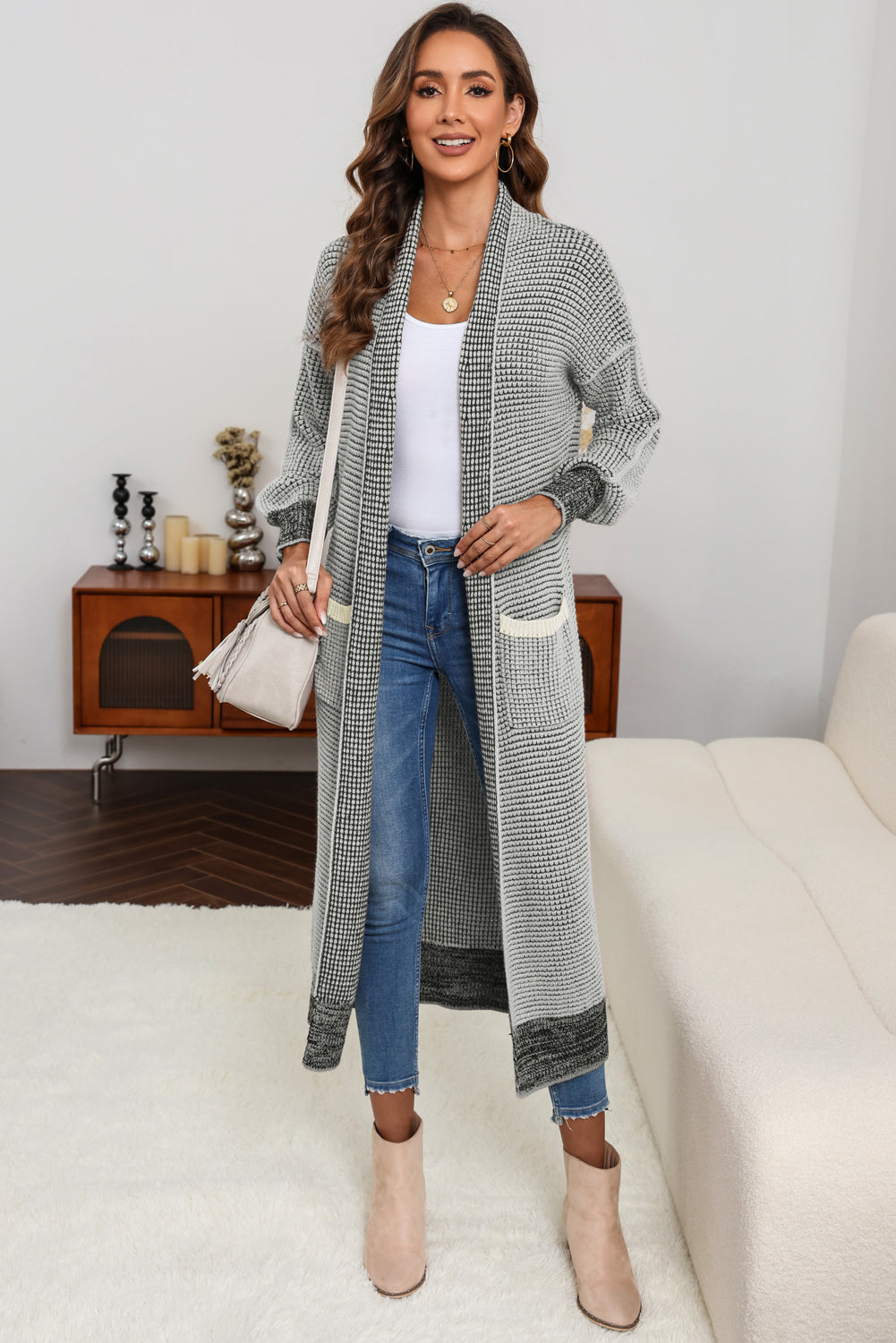 Textured Knit Pocketed Duster Cardigan | Gray