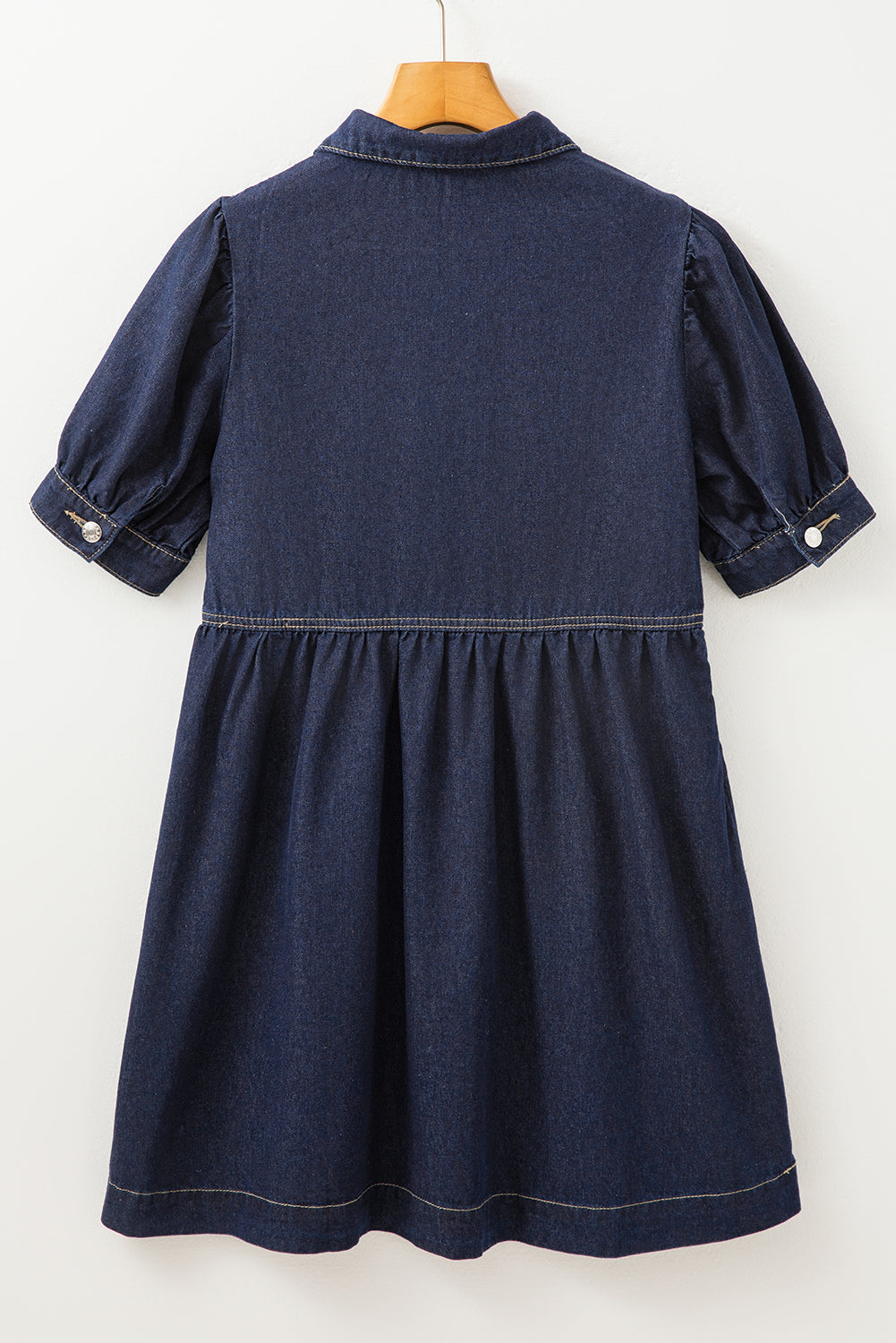 Dirty Blue Zipped Up Bodice Collared Short Puff Sleeve Denim Dress | Dirty blue