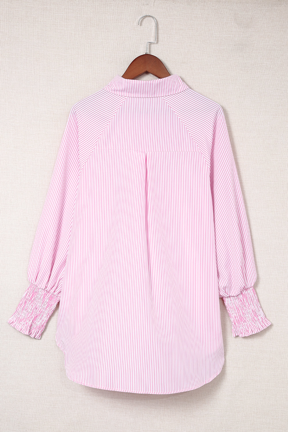 Smocked Cuffed Striped Boyfriend Shirt With Pocket | Pink