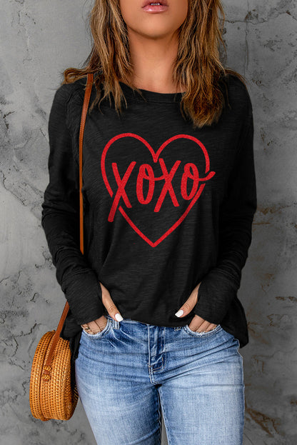 Xoxo Heart Shaped Print Long Sleeve Top | Black