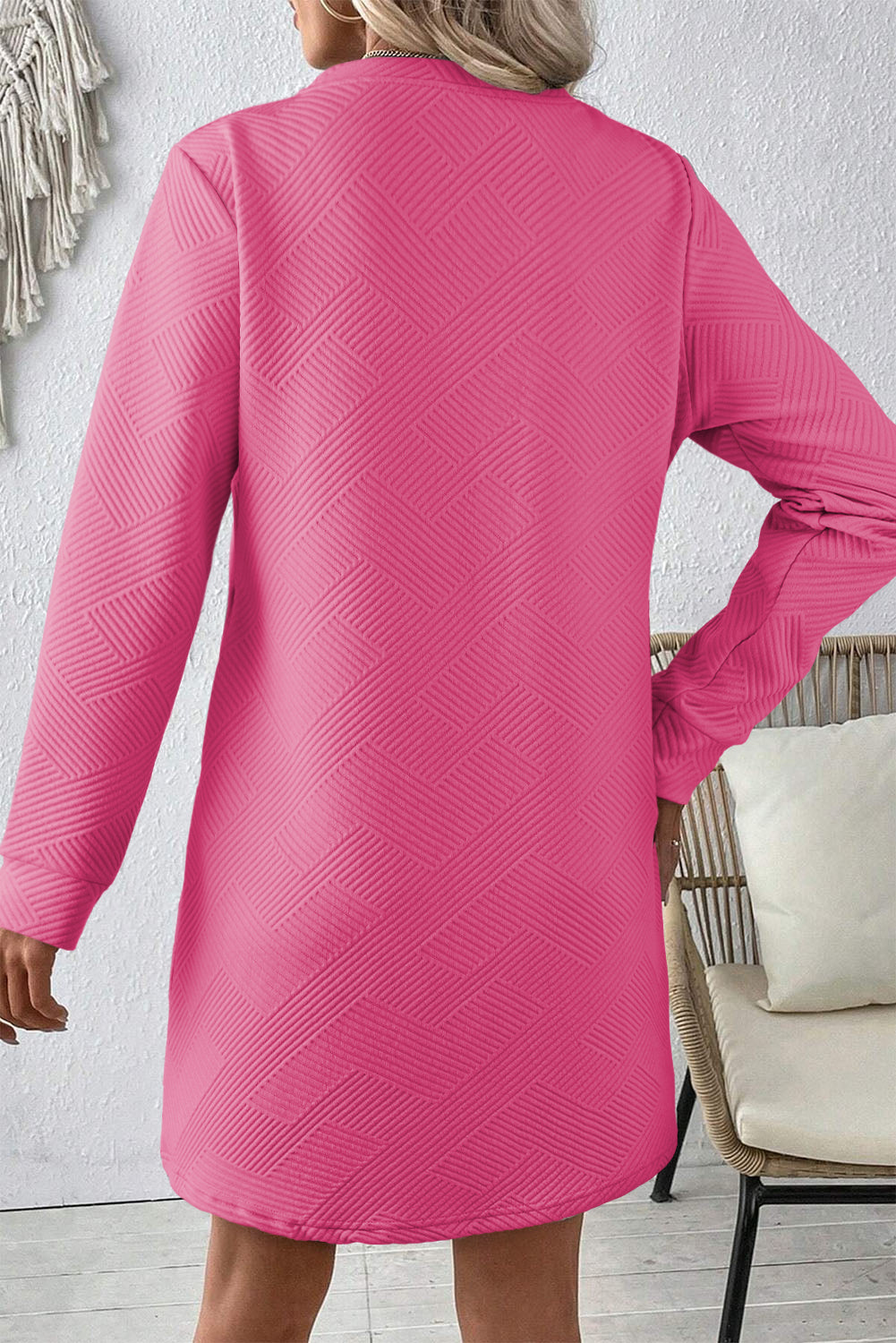 Solid Colour Textured Long Sleeve Shift Dress | Rose Red