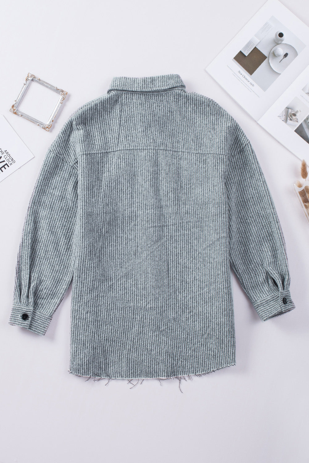 Textured Button Down Shirt Jacket With Pockets | Gray