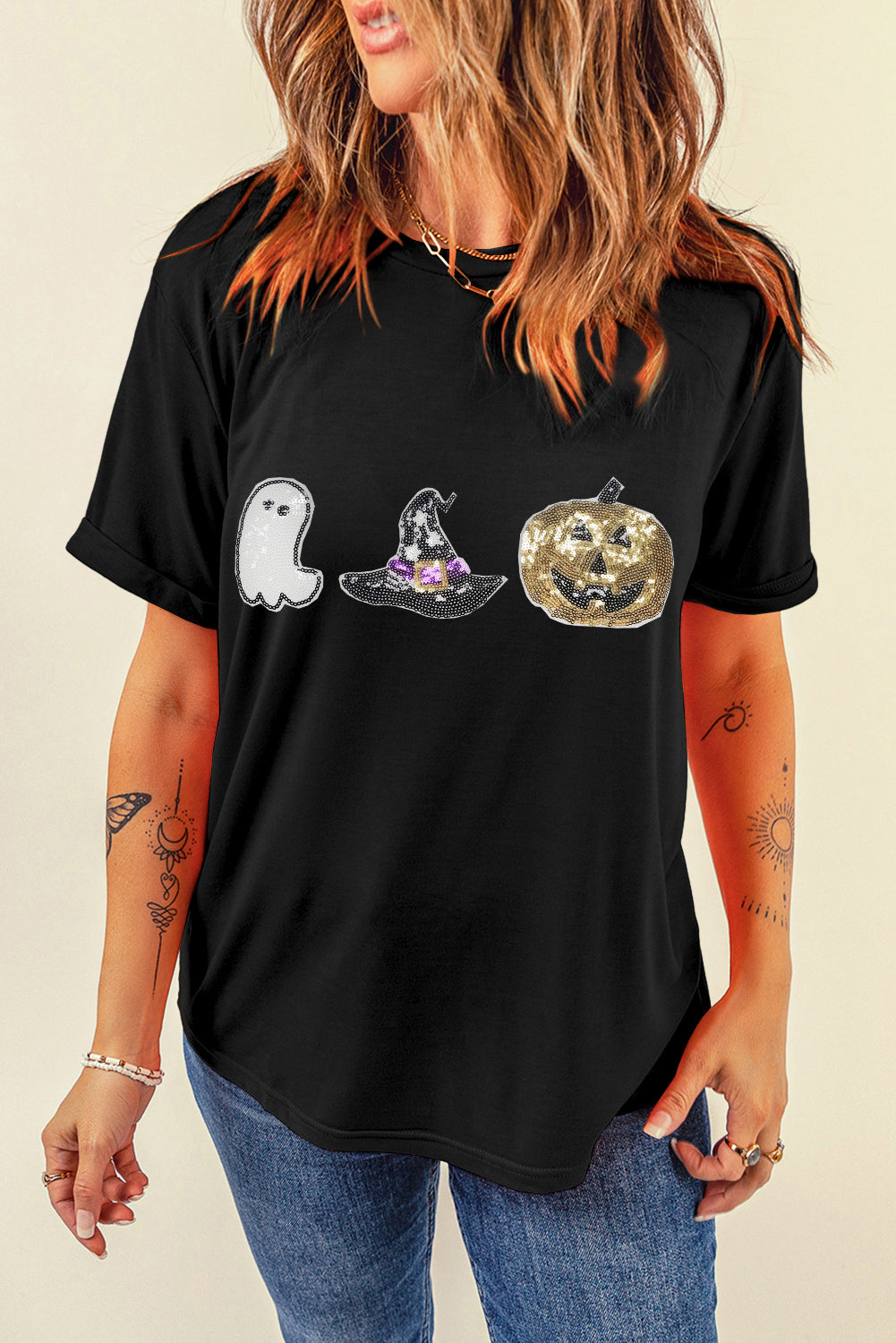 Halloween Sequin Pattern Patched Crewneck Tee | Black